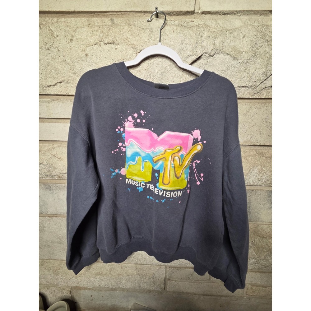 MTV Music Television Graphic Sweatshirt Charcoal Gray Neon Logo Pullover L 11-13